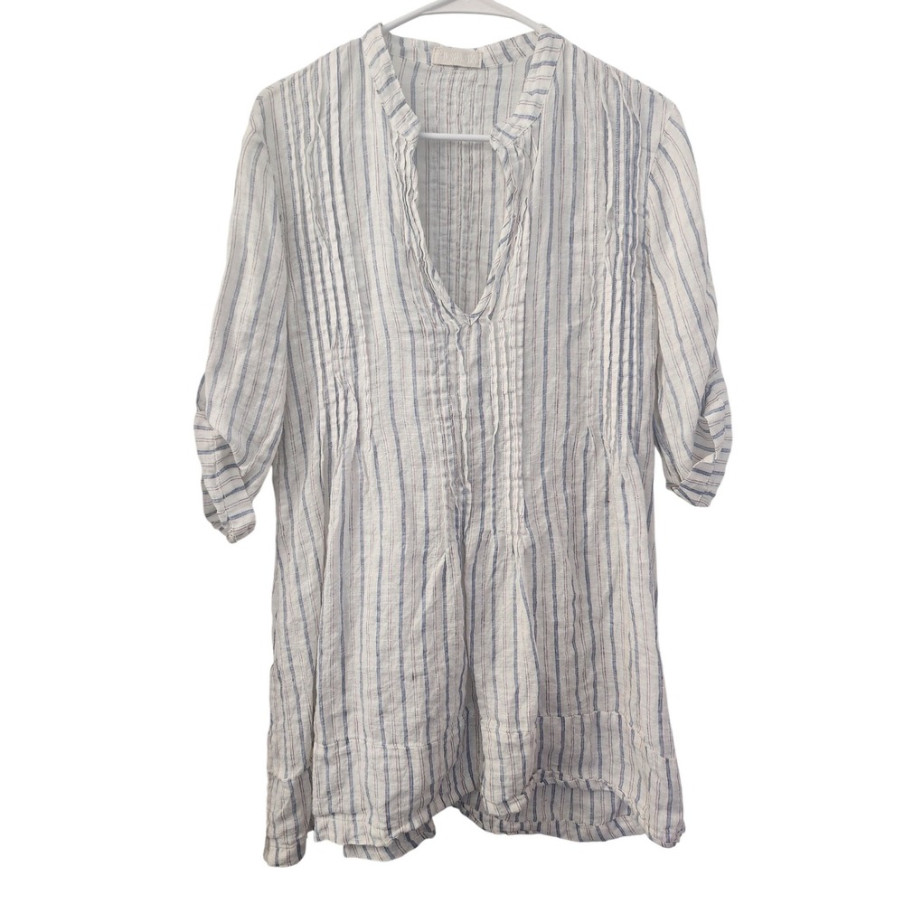 CP Shades XS 100% Linen Blue White Striped Pintuck Tunic Dress Made in USA